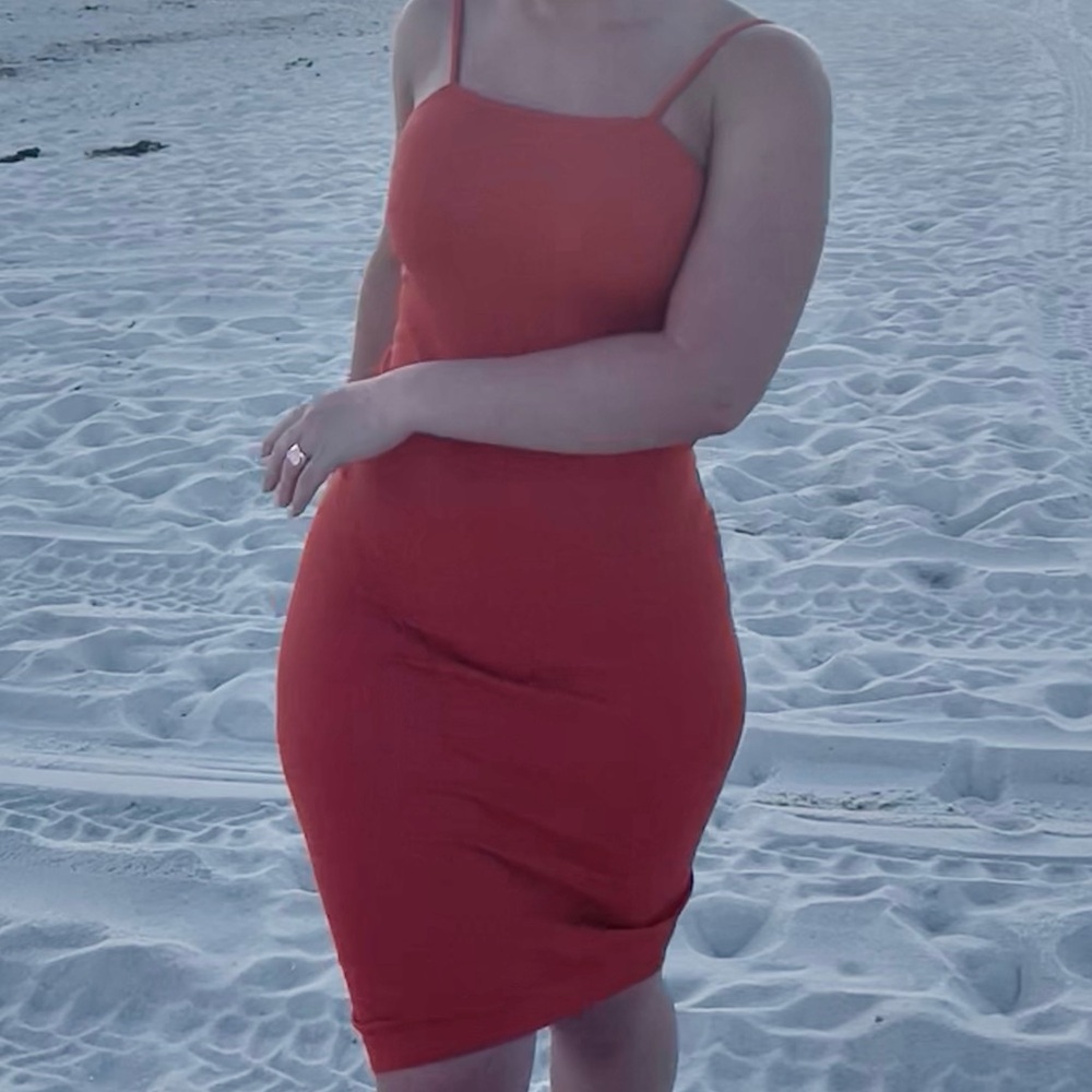 F21 orange midi bodycon dress